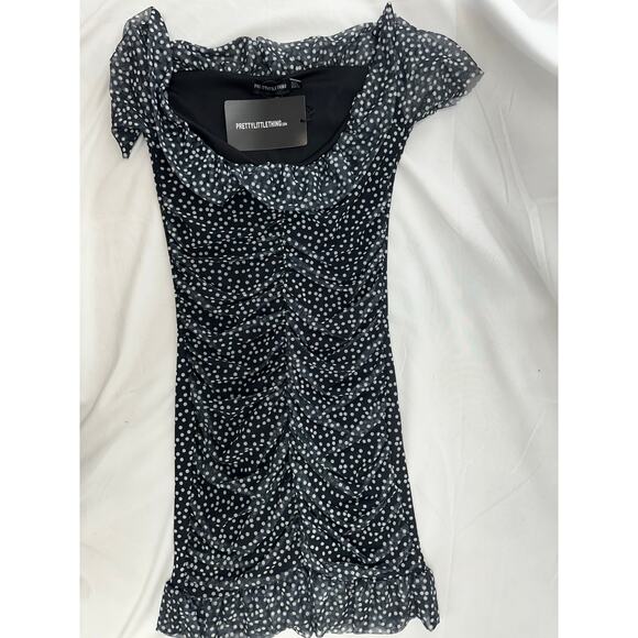 Pretty little thing black polka dot mesh ruched bodycon dress 4 NWTS - Picture 1 of 6